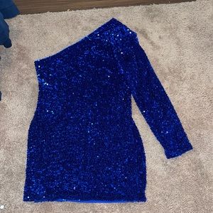 This is a Navy Blue One shoulder sparkly dress .